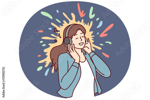 Positive woman meloman listening to music with headphones enjoying favorite pop or rock track. Joyful girl presses earphones to ears and smiles after hearing song from playlist. Flat vector image