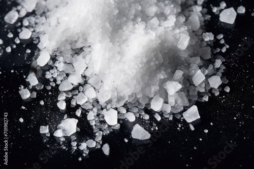 Close up salt crystals scattered on a black background