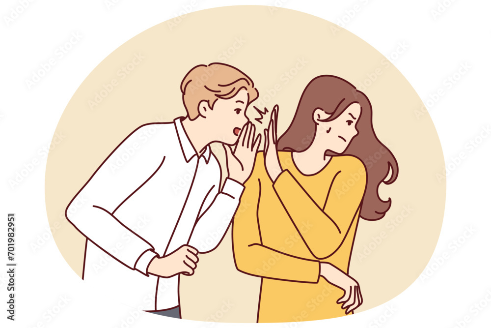 Obraz premium Self-sufficient woman turns away from screaming man after insults or unpleasant words. Girl shows stop sign with palm to guy who wants to tell secret or make obscene proposal. Flat vector illustration
