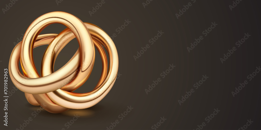 Illustration with golden abstract object made of interlaced tubes, curved and intertwined in the shape of a sphere, with shadows on a dark background