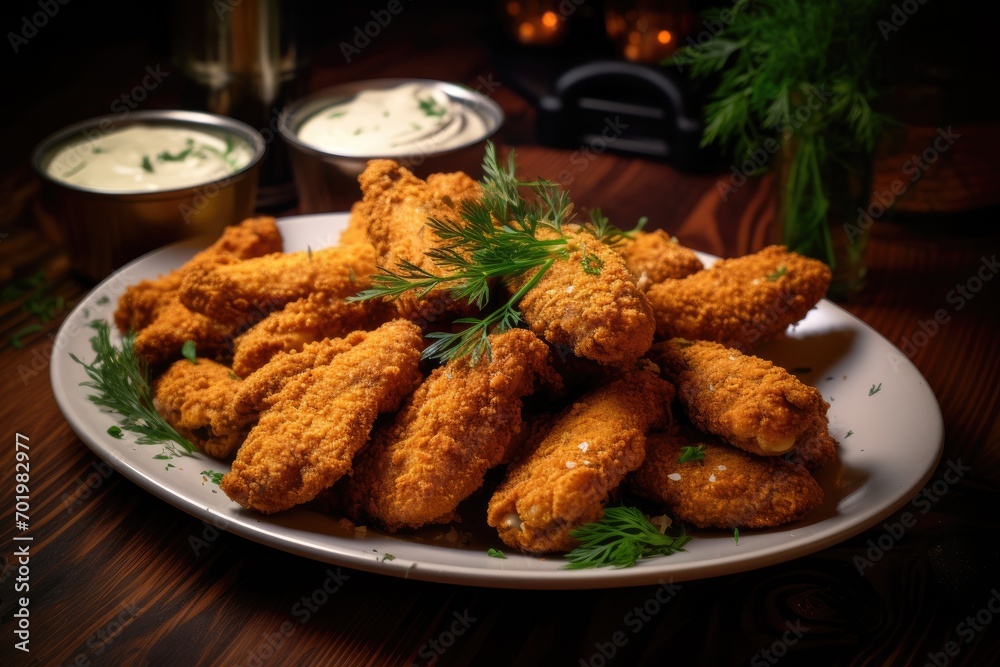 Breaded chicken wings with spicy seasoning and ranch sauce Breaded chicken wings with spicy seasoning and ranch sauce