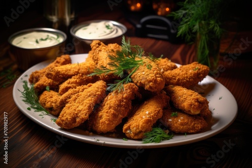 Breaded chicken wings with spicy seasoning and ranch sauce