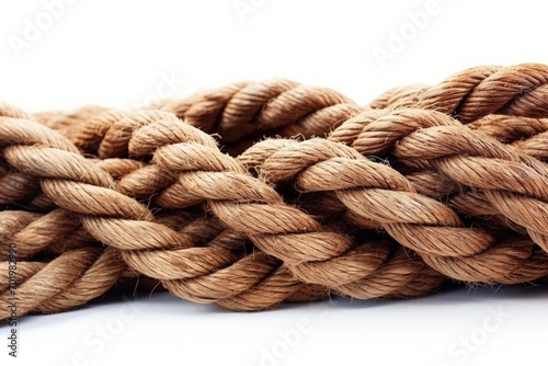 Brown nautical ropes with knots isolated on white seen up close