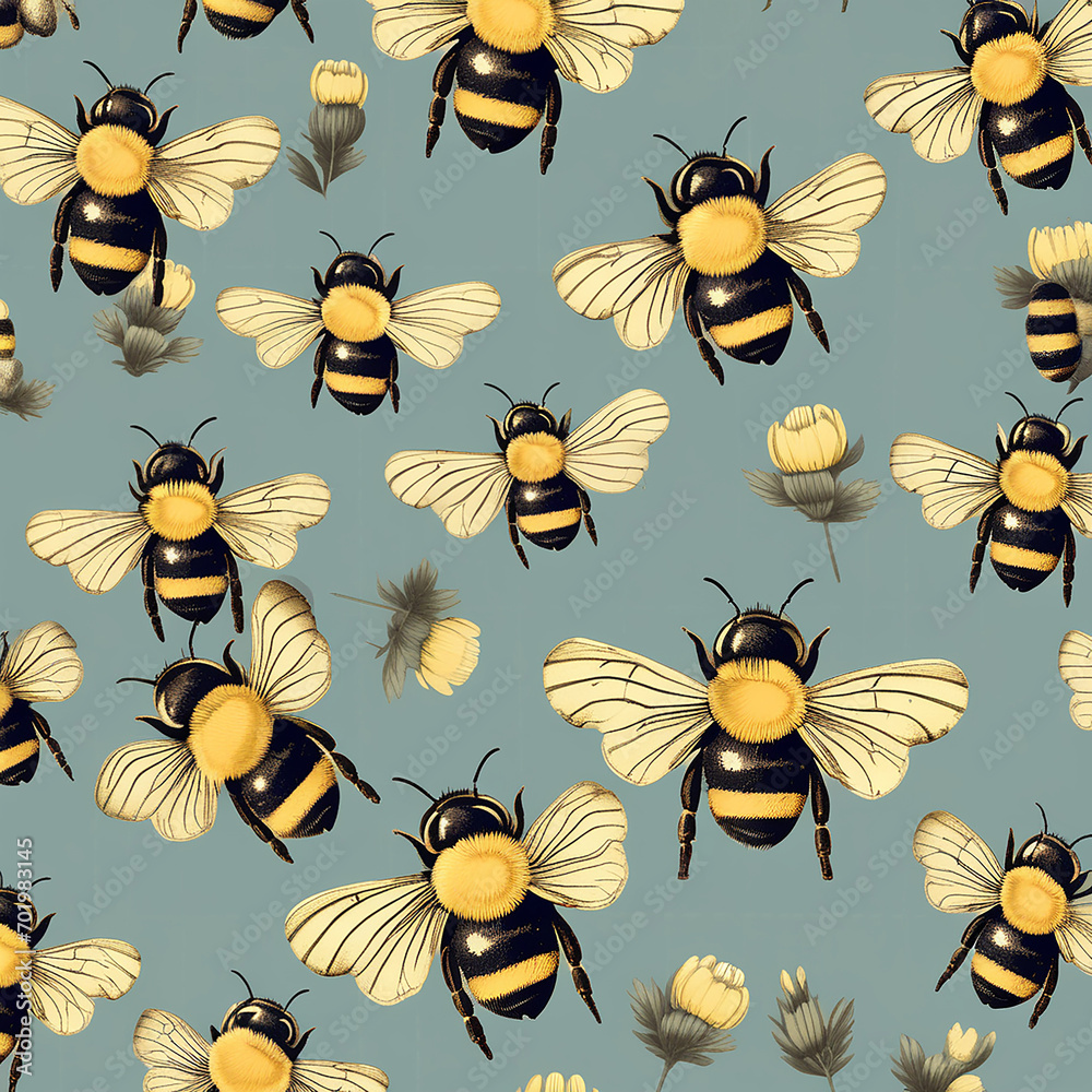Vintage Bumble Bees, Seamless Pattern, Illustration, created with Generative AI