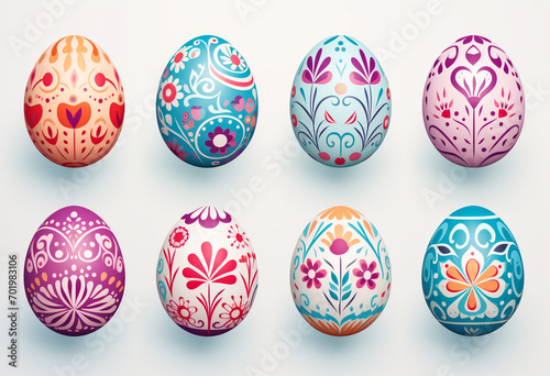 Happy Easter.Set of Easter eggs with different texture on a white background.Spring holiday. Vector Illustration.Happy easter eggs