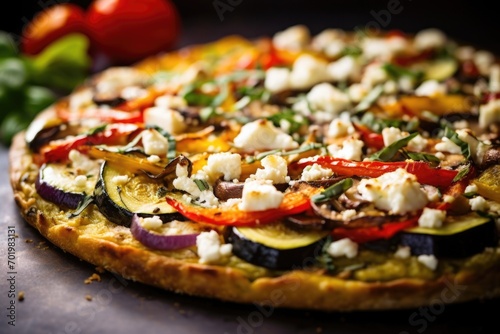 A unique twist on traditional pizza, this image showcases a delicious glutenfree cauliflower crust pizza overloaded with an assortment of ovenroasted vegetables such as zucchini, eggplant, photo