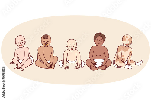 Preschool children of different races and nationalities sit side by side and look at screen. Diverse babies in diapers to advertise products for kids and young mothers. Flat vector illustration