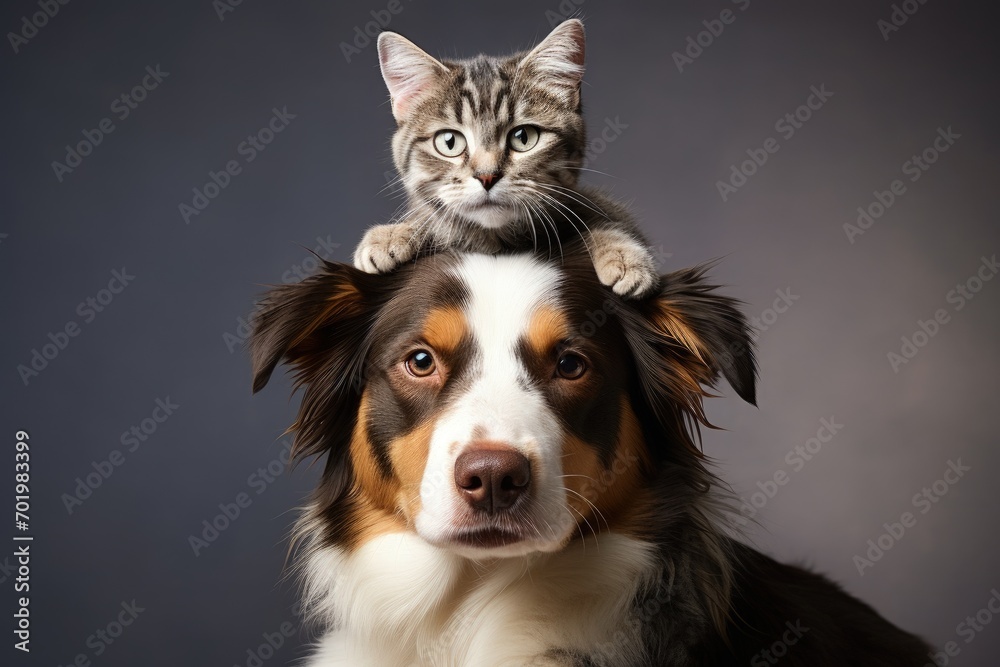 Contented mixed breed dog with a kitten atop