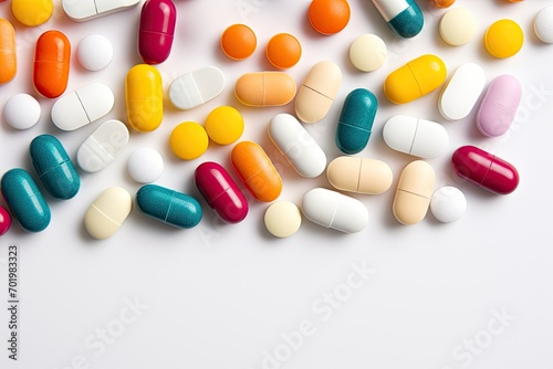Colorful pills arranged on a white background from above
