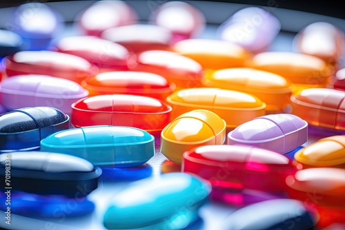 Colorful tablets and capsules arranged in beautiful pattern in blister packaging with flare light Pharmaceutical concept Pharmacy drugstore Antibiotic resistanc photo
