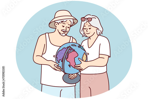 Elderly couple is considering globe choosing place for future trip or sightseeing tour. Mature gray-haired man and woman choose continent or state for life after retirement. Flat vector illustration