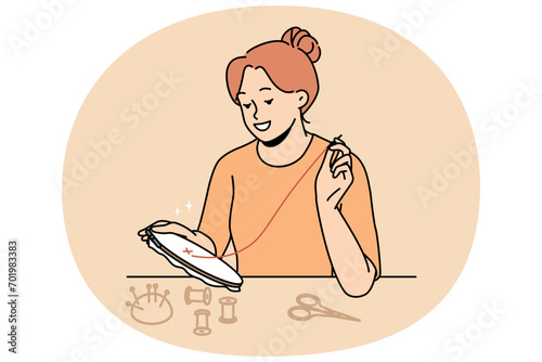 Smiling young woman embroidering with threads and needle at home. Happy female enjoy art and craft of weekend. Hobby and relaxation. Vector illustration.
