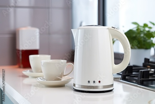 White modern electric kettle on table with sockets in background. Boiling water. Household appliance electricity consumption. Electricity price. Copy space for text.