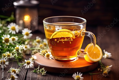 Close-up of chamomile flowers and tea in a cup with lemon.