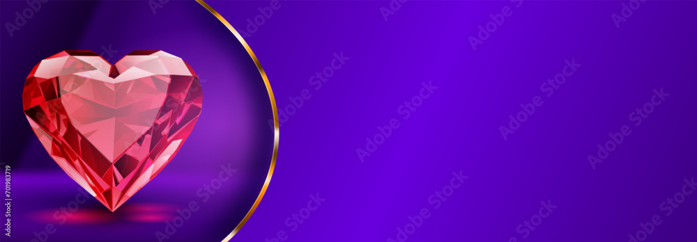 Valentine's day illustration with big red crystal faceted heart on blue background, golden strip and place for text Valentine's day illustration with big red crystal faceted heart on blue background, golden strip and place for text
