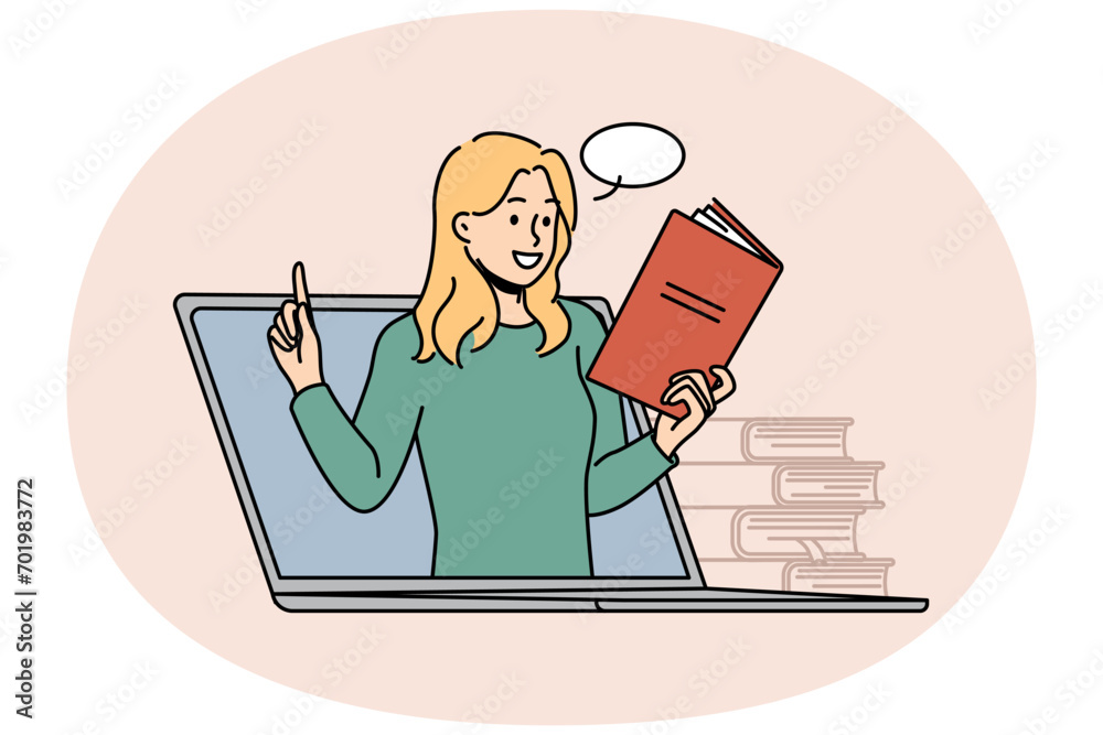 Young woman on laptop screen having online lesson on modern gadget. Smiling female teacher or tutor with book lead webcam class on computer. Education. Vector illustration.