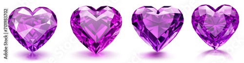 Set of beautiful crystal faceted hearts in purple colors, with shadows, on white background