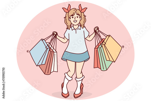 Little funny teen girl with shopping mall bags is standing in high heeled shoes wanting to be like mother. Happy school-age child poses as adult woman returning from shopping. Flat vector design