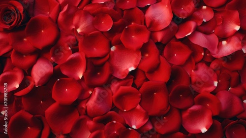 Bed of red rose petals with single full bloom. Romance and Valentine's Day.