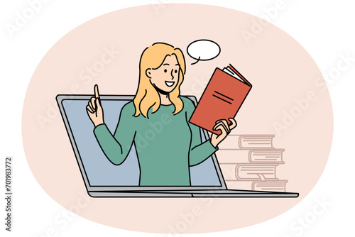 Young woman on laptop screen having online lesson on modern gadget. Smiling female teacher or tutor with book lead webcam class on computer. Education. Vector illustration.