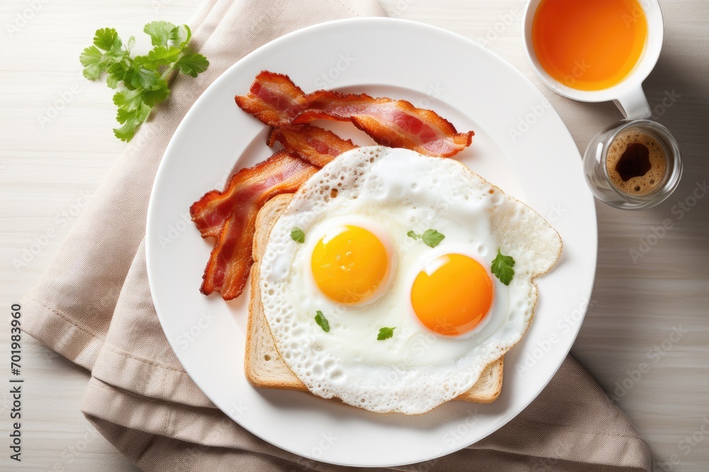 Flat lay breakfast with fried eggs bacon orange juice yogurt and toasts Flat lay breakfast with fried eggs bacon orange juice yogurt and toasts