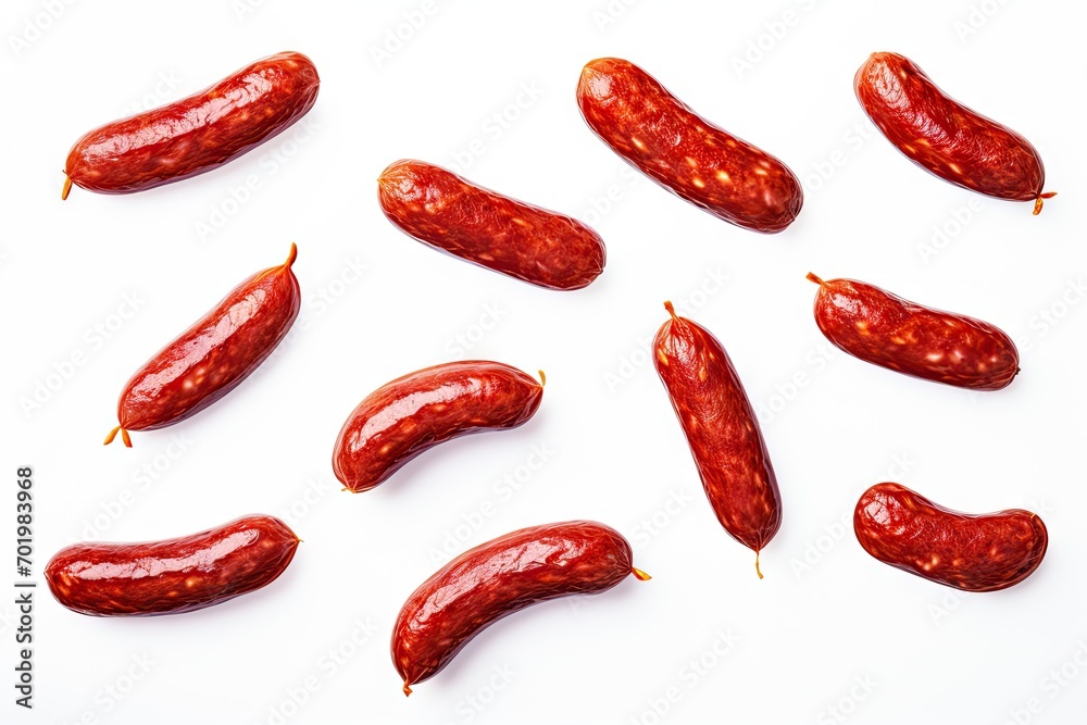 Flying fresh sausage set on white background Flying fresh sausage set on white background