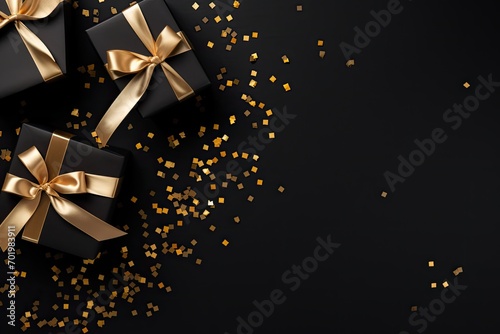 Top view image of black gift boxes with ribbon bow and golden confetti on black background, with empty space.