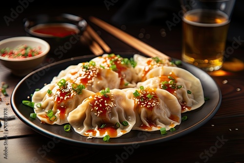 Focus on Japanese gedza dumplings with sauce and beer photo