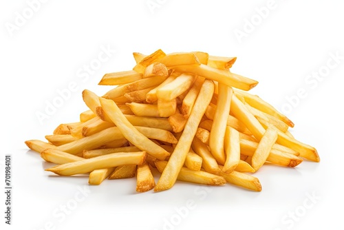 French fries stacked on a white backdrop