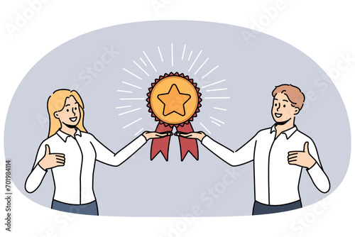 Smiling businesspeople with golden reward or trophy show thumb up give recommendation. Happy employees demonstrate award recommend good service. Vector illustration.
