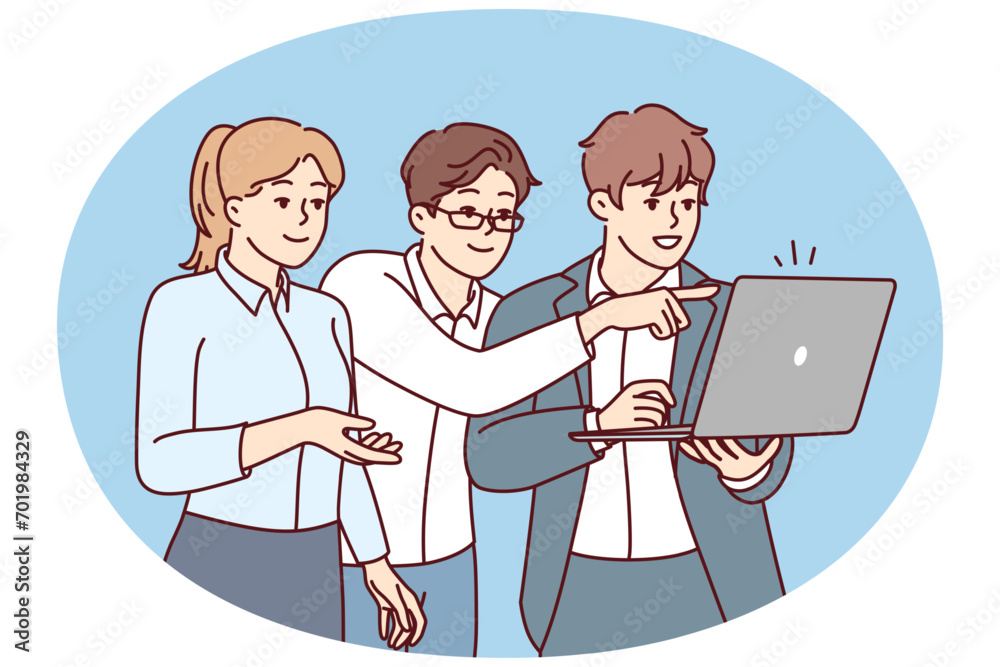 Woman and two men dressed in business style stand with laptop while studying site. Startup employees are discussing project looking at presentation of software in computer. Flat vector image Woman and two men dressed in business style stand with laptop while studying site. Startup employees are discussing project looking at presentation of software in computer. Flat vector image