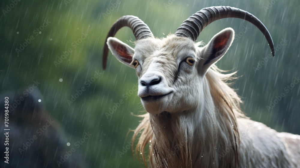 Render a scene of an Addax under a soft rain, capturing the raindrops on its fur with high-definition precision.