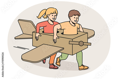 Overjoyed small children in handmade paper airplane playing together outdoors. Smiling little kids in manually constructed plane enjoy funny game. Vector illustration.