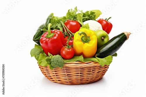Fresh ripe vegetables arranged in a white basket isolated