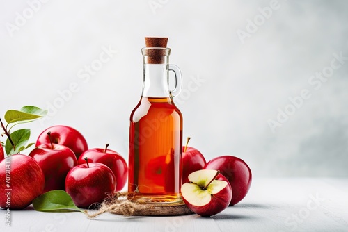 Fresh red apples apple cider vinegar in a glass bottle and healthy organic food on a light background