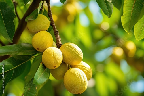 Fresh yellow nutmeg fruit hanging on a nut meg tree with green leaves Myristica fragrans plantation in Kerala photo
