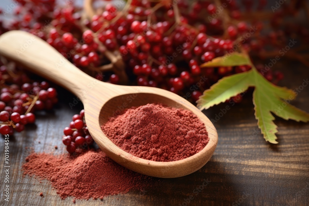 Healthy food concept with sumac water tea spices and berries on a rustic table Healthy food concept with sumac water tea spices and berries on a rustic table