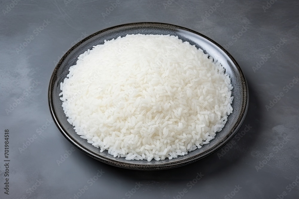 High quality photo of raw rice in plate on grey background High quality photo of raw rice in plate on grey background