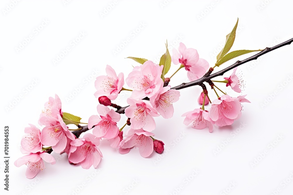 Isolated branch of pink cherry blossom on white background