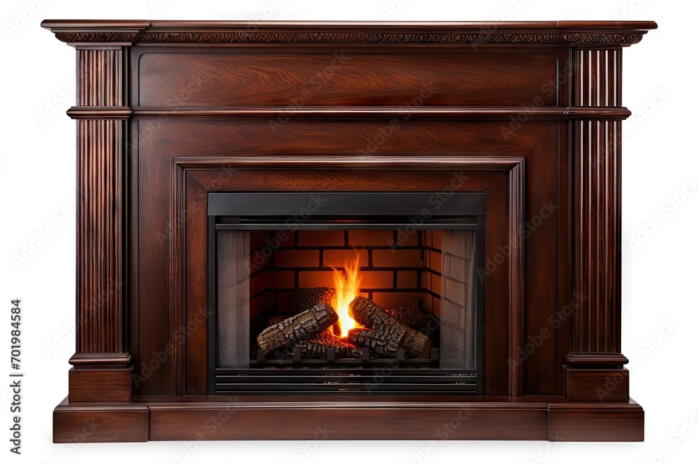 Isolated dark wood fireplace on white