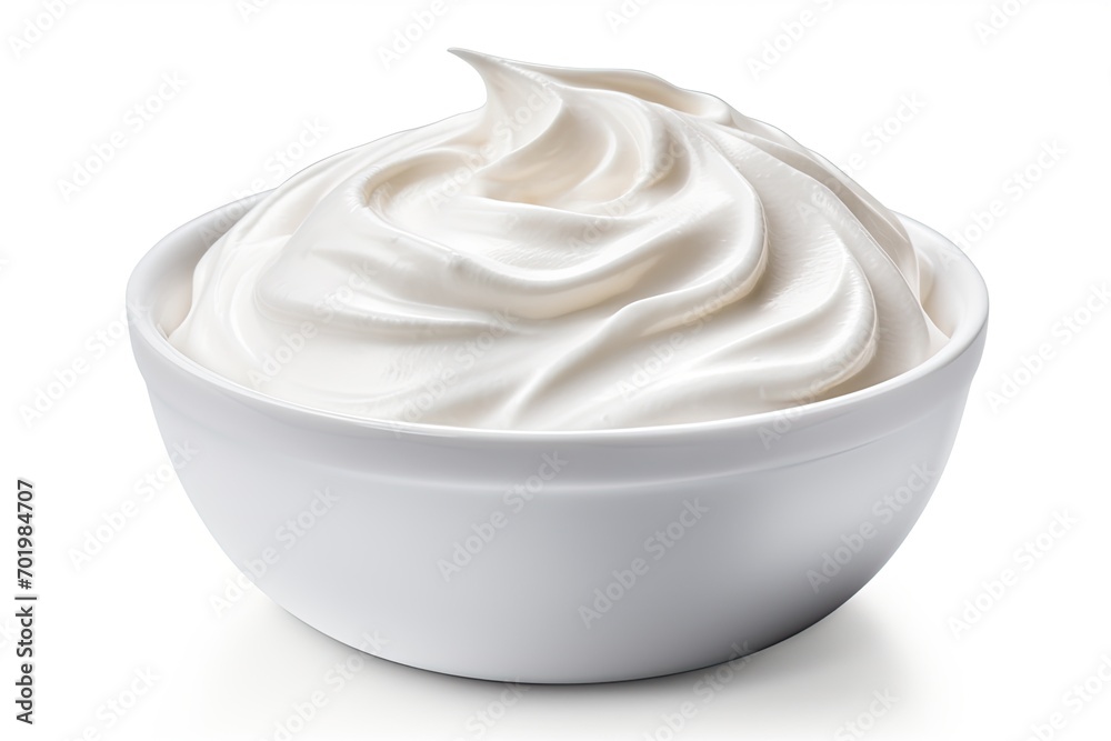 Isolated swirl of sour cream in bowl on white background with clipping path and fresh Greek yogurt Isolated swirl of sour cream in bowl on white background with clipping path and fresh Greek yogurt