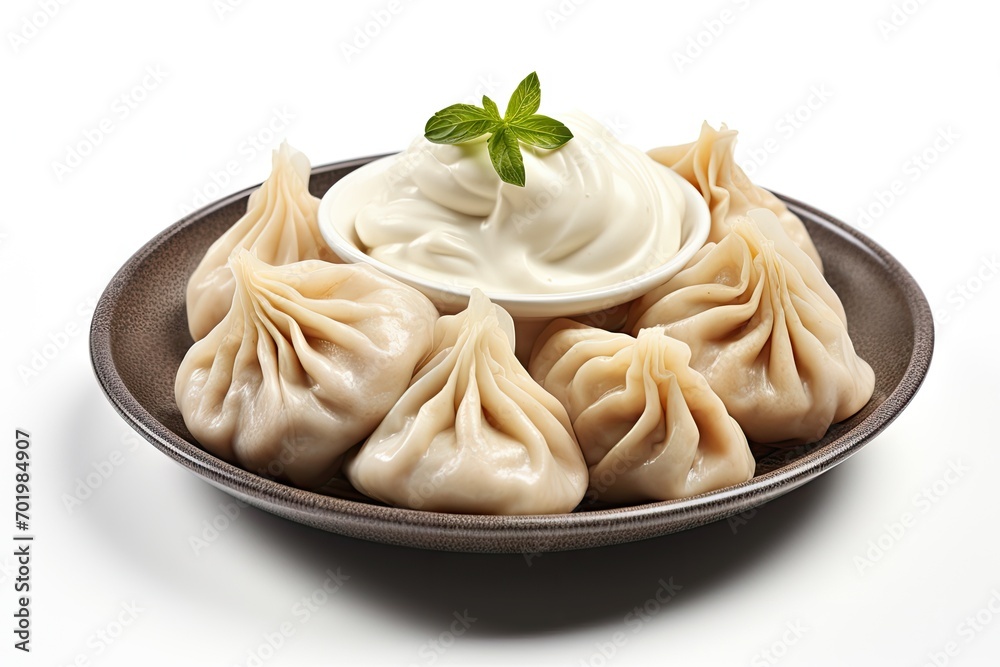 Isolated white background with khinkali dumplings in a bowl