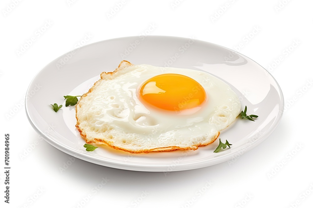 Isolated white plate with tasty fried egg Isolated white plate with tasty fried egg