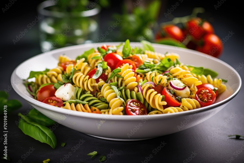 Italian cold pasta salad with fusilli tomato mozzarella olive and arugula served in a white bowl with fresh vegetables on a background