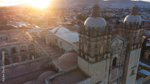 Santo Domingo church in Oaxaca, Mexico, at sunset drone view top  photo
