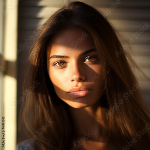 Portrait of a beautiful girl with long brown straight hair, full lips, make-up, slightly smiling, the sun falls on the surface of his face © Danica