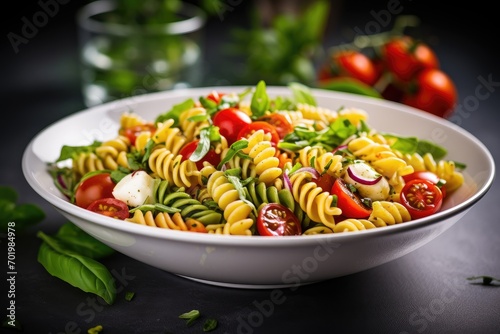 Italian cold pasta salad with fusilli tomato mozzarella olive and arugula served in a white bowl with fresh vegetables on a background photo