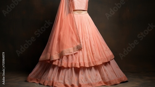 Minimalistic view of a Peach Fuzz colored lehenga choli, featuring a mix of traditional and contemporary designs. photo
