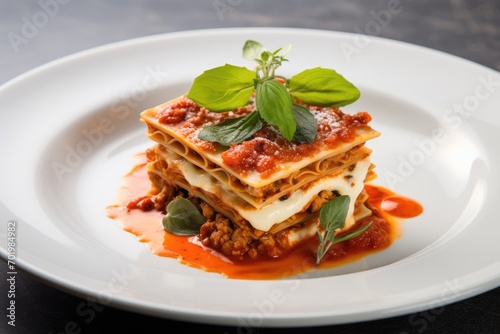 Italian basil layered on a square white plate with lasagna