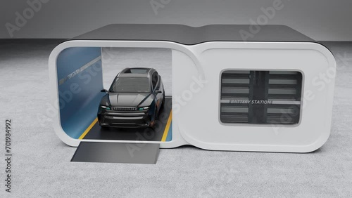 Electric SUV swapping battery pack in the Battery Swap Station. Battery packs in Right storage space. 3D rendering animation.